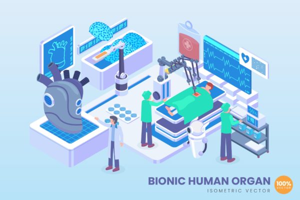 仿生人体器官主题等距矢量科技普贤居精选概念插画v1 Isometric Bionic Human Organ Vector Concept