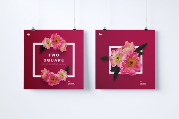 1:1比例两幅肖像油画海报展示样机素材中国精选 Two 1:1 square hanging posters mockup