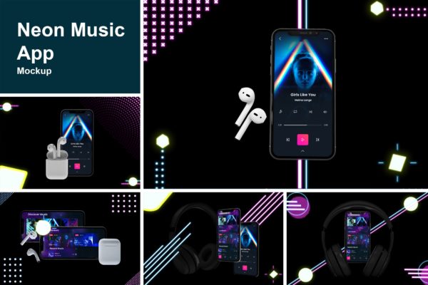 在线音乐APP设计效果图样机模板 Neon Music App MockUp