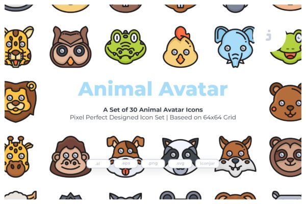 30枚动物手绘卡通头像彩色矢量图标 30 Animal Avatar Icons