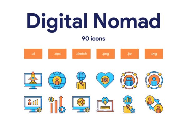 90枚数字游民主题填色线性16图库精选图标 Digital Nomad Icon Set