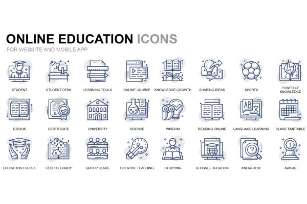 在线教育主题细线图标素材 Online Education Thin Line Icons