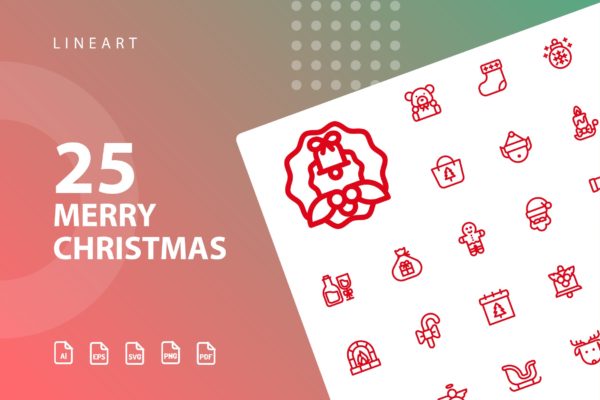 25枚圣诞主题节日线性图标 Merry Christmas Lineart