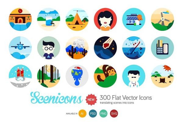 手绘插画图案扁平风格图标集 Scenicons Flat icons &#8211; 300 icons
