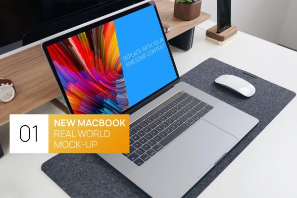 现代简约风办公桌MacBook Pro电脑普贤居精选样机 New MacBook Pro Touchbar Real World Mock-up