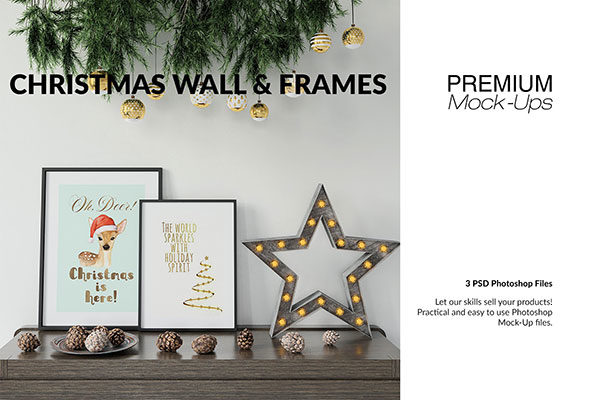 高品质的圣诞节画框框架和墙壁装饰展示样机 Christmas Frames &amp; Wall Set [psd,jpg]
