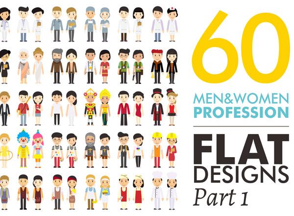 60枚各类职业形象两性性别扁平化图标 60 Men&#038;Women Profession Flat Designs