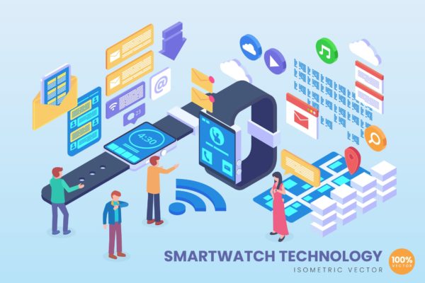 智能手表技术等距矢量素材中国精选科技概念插画 Isometric Smart Watch Technology Vector Concept