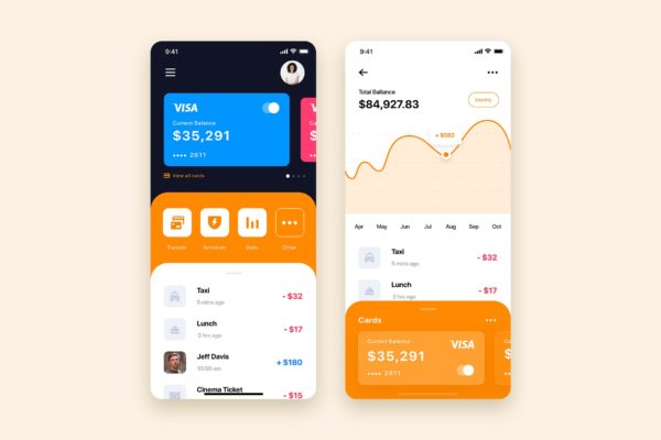 电子钱包APP首页&amp;银行卡明细界面设计模板 Mobile Wallet App UI Kit Template