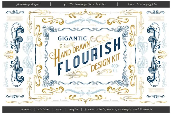 手绘花纹设计套件（400 +花卉设计元素） Hand Drawn Flourish Design Kit