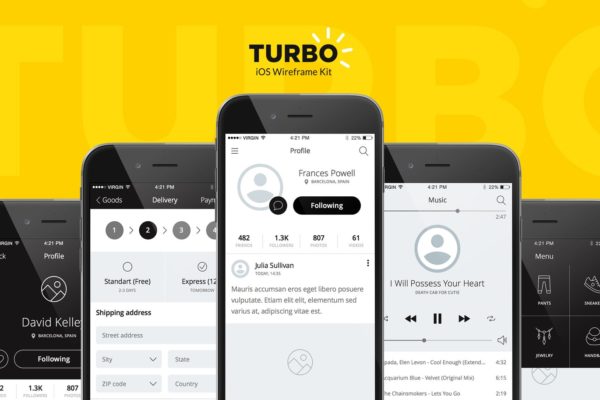 100个iOS应用界面设计线框图设计套件 Turbo iOS Wireframe Kit