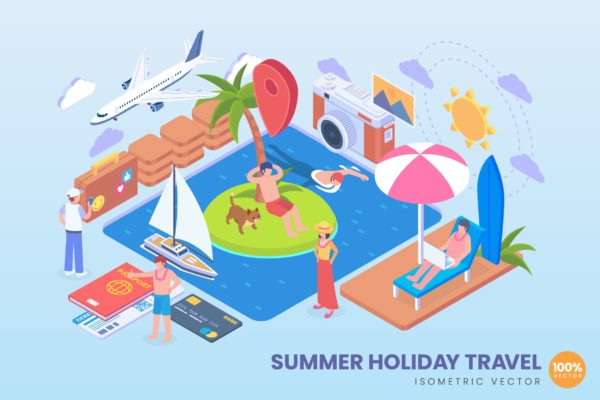 暑假旅行旅游主题等距16图库精选概念插画 Isometric Summer Holiday Vector Concept