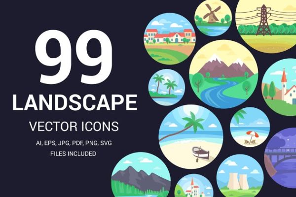 99枚常见风景场景图标 99 Landscape Icons or Illustrations