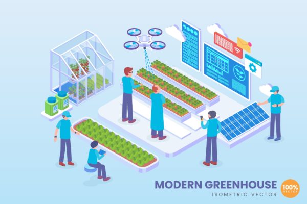 现代温室科技技术主题等距矢量素材中国精选概念插画素材 Isometric Modern Greenhouse Technology Vector