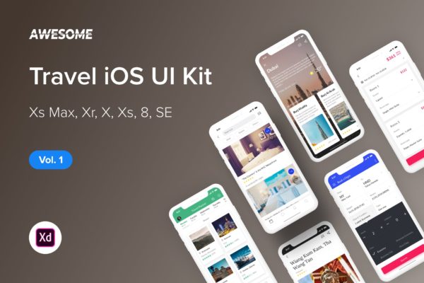 iOS平台旅游类APP应用设计UI套件XD模板v1 Awesome iOS UI Kit &#8211; Travel Vol. 1 (Adobe XD)