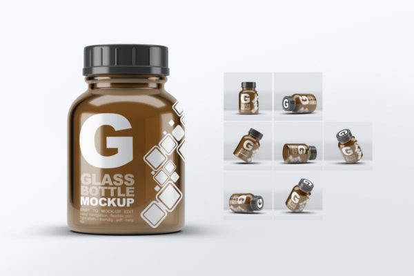 美容药品玻璃罐子瓶子样机 Pill Cosmetics Glass Bottle Mock-Up