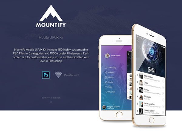 手机应用设计套件 Mountify Mobile UI Kit（150 PSDs&#038;1000+元素）