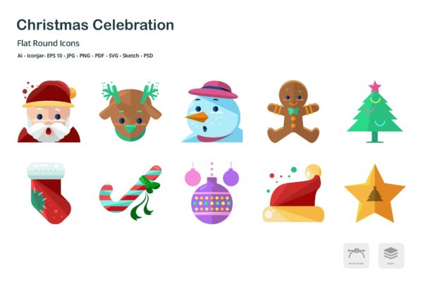 圣诞节庆祝主题扁平设计风格彩色图标 Christmas Celebration Flat Colored Icons