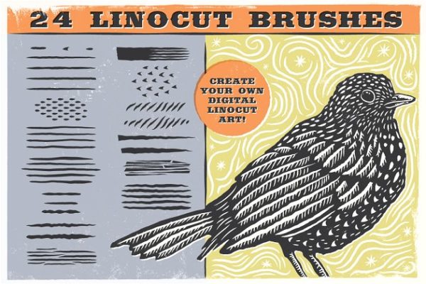 亚麻油毡浮雕AI笔刷 Linocut Brushes