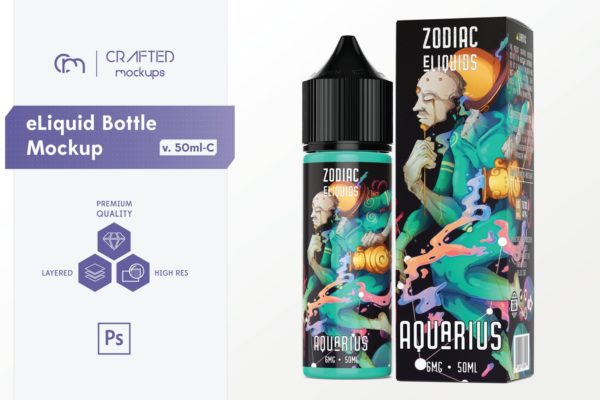 电子烟油瓶&amp;包装盒外观设计样机模板[50ml规格] eLiquid Bottle Mockup v. 50ml-C