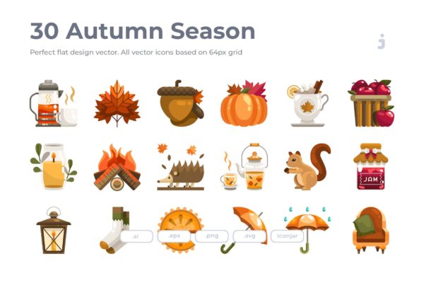 30枚秋天主题元素扁平化设计图标 30 Autumn Season Icons &#8211; Flat