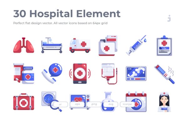 30枚扁平化设计风格医院医疗矢量图标 30 Hospital Element Icons &#8211; Flat