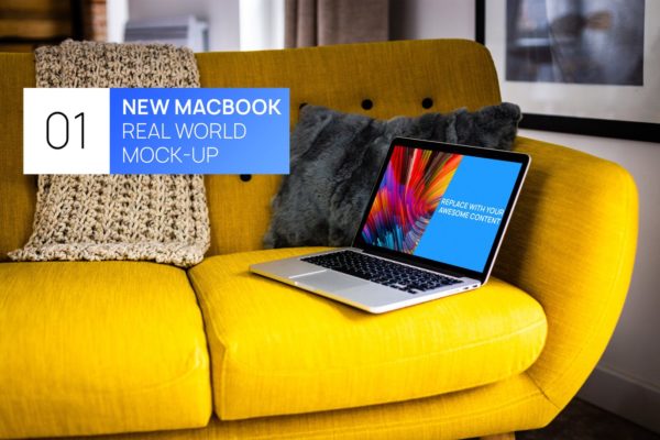 布艺沙发场景MacBook视网膜屏演示普贤居精选样机模板 MacBook Retina on Bright Sofa Real World Mock-up