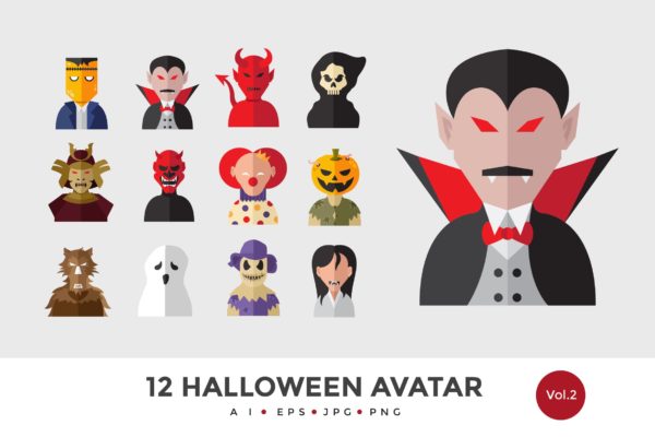 12枚万圣节恐怖怪物头像矢量图标v2 12 Halloween Monster Avatar Vector Illustration 2