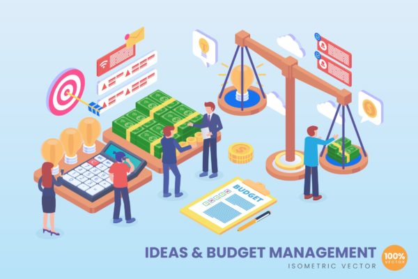 创意与预算管理主题等距矢量16图库精选概念插画素材 Isometric Ideas And Budget Management Vector