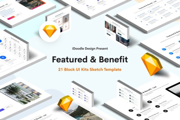 企业网站产品/服务特色板块UI设计模板 Featured &amp; Benefit Sketch Block UI Kits Website