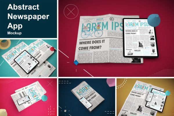 抽象设计风格报纸资讯类APP应用UI设计效果图16设计网精选样机 Abstract Newspaper App MockUp
