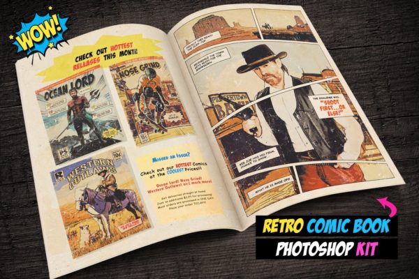 照片转复古手绘漫画书效果PS动作 Retro Comic Book Photoshop Action Kit