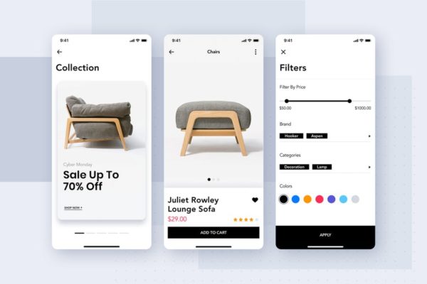 家具网上商城APP应用商品列表筛选交互界面模板 Furniture Shop Mobile App UI Concept