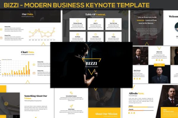 金融行业适用的酷黑背景现代风格Keynote幻灯片模板 Bizzi &#8211; Modern Business Keynote Template