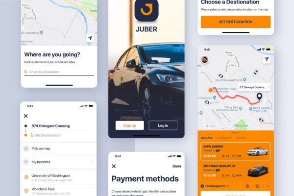 iPhone量身定制的打车软件APP应用设计套件 Car rental mobile UI Kit concept for iPhoneX
