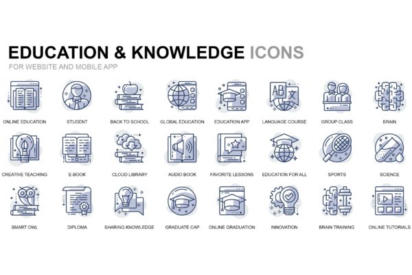 教育和知识主题线性图标矢量图标素材 Education and Knowledge Thin Line Icons