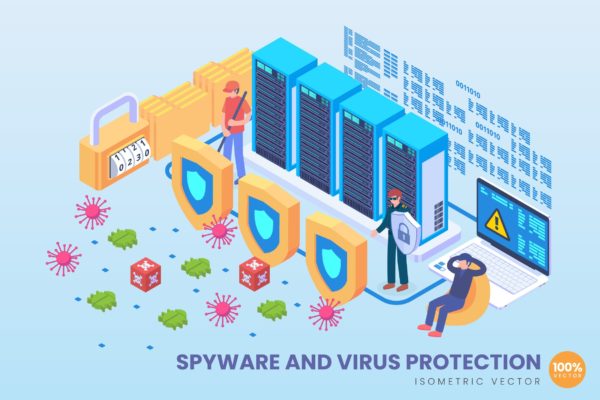 间谍软件与病毒保护主题等距矢量科技16素材网精选概念插画v1 Isometric Spyware And Virus Protection Vector