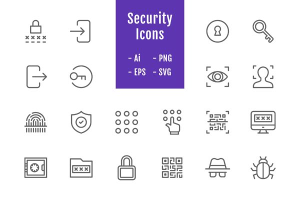 20枚信息安全主题线性矢量图标素材 20 Security Icons (Line)