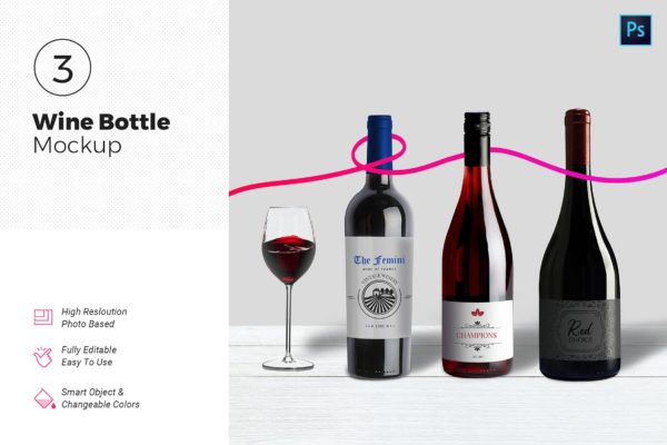 洋酒酒瓶设计图样机模板 Wine Bottle Mockups