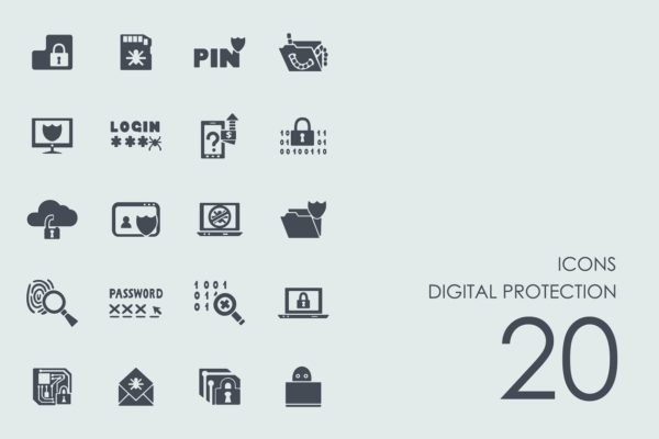 信息数据保护主题简笔画图标合集 Digital protection icons