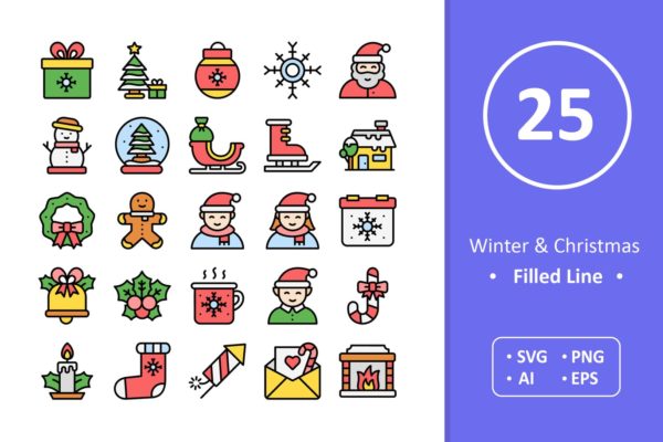 冬季&amp;圣诞节主题填充图标 Winter &amp; Christmas Icons &#8211; Filled Line