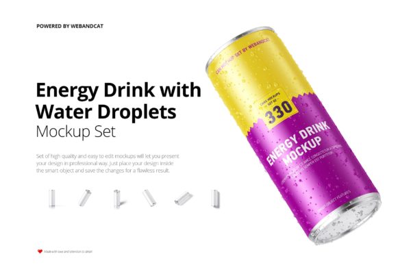 能量饮料罐头外观设计样机模板 Energy Drink Can Mock-up with Water Droplets