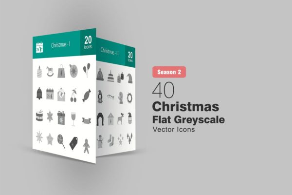 40枚圣诞节主题扁平设计风格灰阶图标 40 Christmas Flat Greyscale Icons