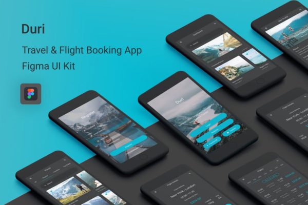 旅行＆机票在线预订APP应用UI设计Sketch模板 Duri &#8211; Travel &amp; Flight Booking Figma UI Kit