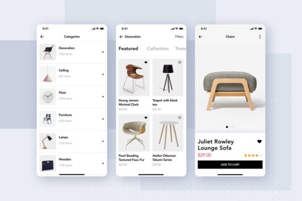 现代家具商城应用用户UI界面设计模板 Furniture Shop Mobile App UI Concept