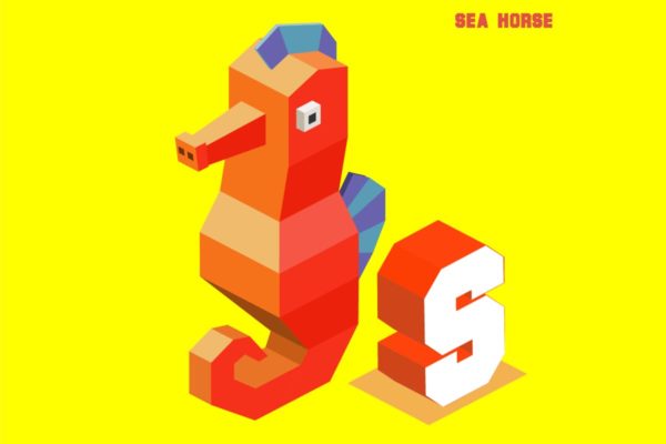 字母S&amp;海马动物英文字母识字卡片设计2.5D矢量插画素材 S for sea horse, Animal Alphabet