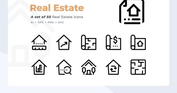 50枚房地产销售租赁主题线条图标素材 Smoothline &#8211; 50 Real Estate icon set