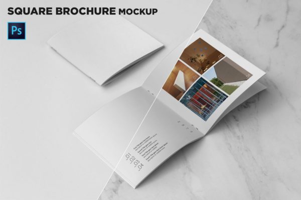 方形画册产品手册封面&amp;内页设计效果图样机普贤居精选 Square Brochure Cover &amp; Open Pages Mockup