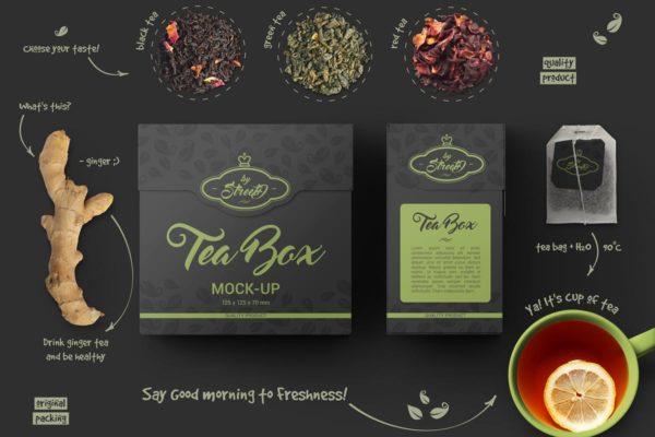 茶叶品牌纸盒包装外观设计样机模板 Tea Box Mock-Up