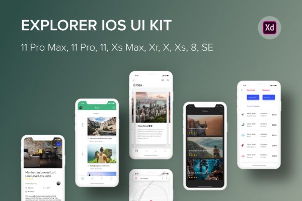 iOS平台旅游主题APP应用UI设计套件XD模板 Explorer iOS UI Kit (Adobe XD)